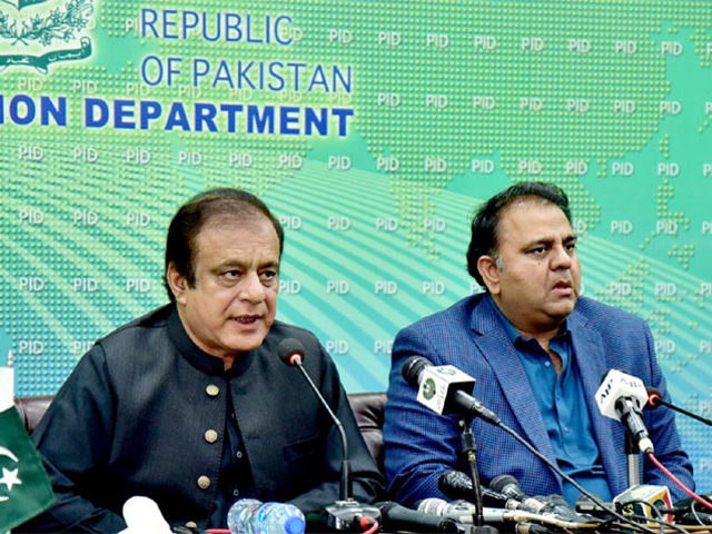 federal ministers shibli faraz and fawadh chaudhry addressing a presser in islamabad on march 14 2021 photo pid