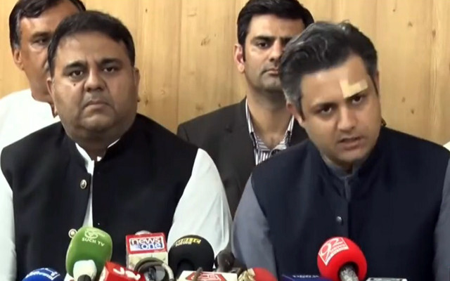 pti leaders fawad chaudhry and hammad azhar addressing a press conference in islamabad on may 31 screengrab