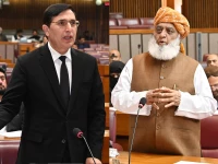 a collage shows pti chairman barrister gohar ali khan and jui f chief maulana fazlur rehman facebook file