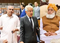 a combination of file photos shows interior minister mohsin naqvi left defence minister khawaja asif centre and jui f chief maulana fazlur rehman right photo file