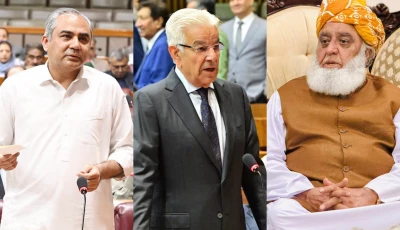 a combination of file photos shows interior minister mohsin naqvi left defence minister khawaja asif centre and jui f chief maulana fazlur rehman right photo file