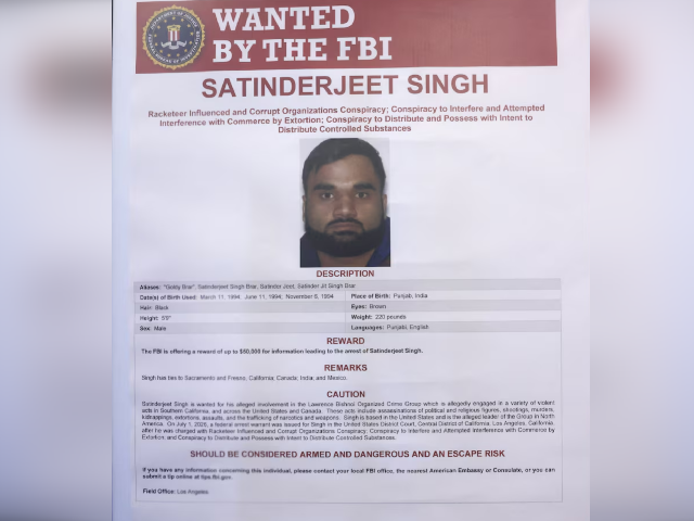An FBI Wanted poster for suspect Satinderjeet Singh, as US and Canadian law enforcement officials announce federal charges and arrests of alleged members of a transnational organized crime group, at FBI offices in Los Angeles, California, US July 7, 2026. Photo: REUTERS/File