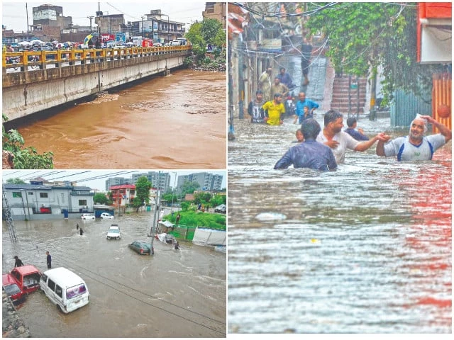 clockwise nullah leh flows in very high flood under a bridge in gowalmandi commuters make their way through a flooded street and vehicles wade through flooded water in rahimabad neighbourhood after heavy rains in rawalpindi photos agencies