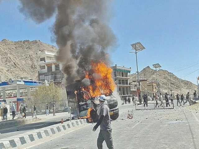 a vehicle is set on fire during a protest in leh in the disputed ladakh region photo reuters