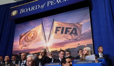 a screen displays an image of fifa and board of peace flags during inaugural board of peace meeting in washington dc on february 19 2026 photo reuters