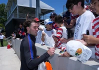 usmnt midfielder brenden aaronson signs autographs during a community team training session in preparation for the 2026 fifa world cup at great park championship soccer stadium reuters