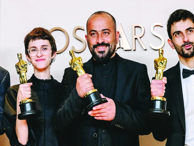 hamdan ballal centre at the academy awards this month photo file