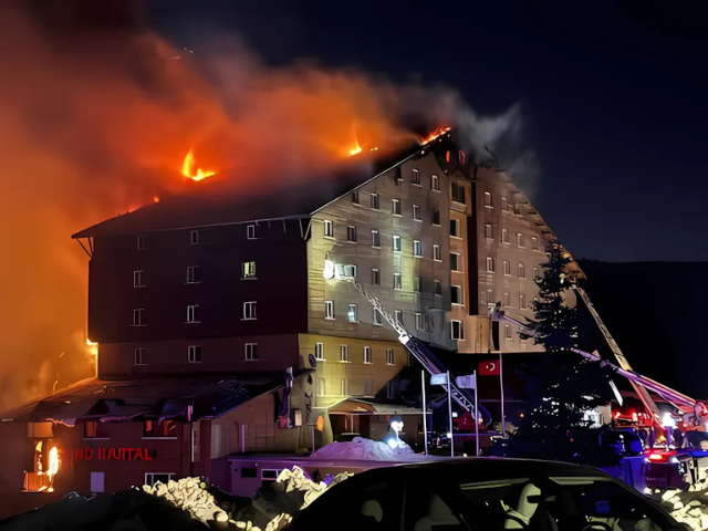 firefighters work to extinguish a fire at a hotel in the ski resort of kartalkaya in bolu turkey january 21 2025 photo reuters