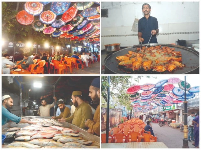 under a dazzling canopy of umbrellas at keamari s fish food street the air sizzles with the aroma of freshly fried seafood diners sit elbow to elbow relishing the city s coastal flavours as a street side chef fries fish in bubbling oil just steps away eager customers browse displays of fresh catch handpicking their fish to be cooked to perfection in this vibrant alley taste colour and community come together in a feast for the senses photos jalal qureshi express