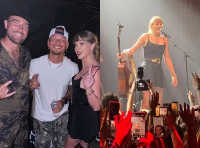taylor swift hops onstage for surprise performance at travis kelce s tight end university concert
