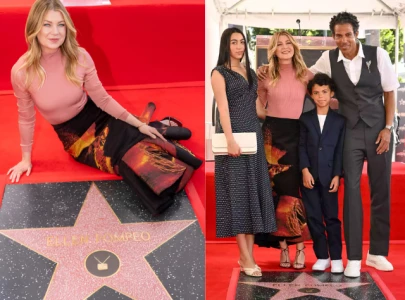 ellen pompeo poses with her hollywood walk of fame star alongside husband chris ivery and shonda rhimes