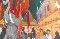 members of the hindu community gather at durga shiv mandir in hyderabad to celebrate the vibrant dussehra festival marked by devotional rituals festive d cor and twinkling lights the night time celebration reflects the city s enduring spirit of cultural harmony and tradition photo ppi