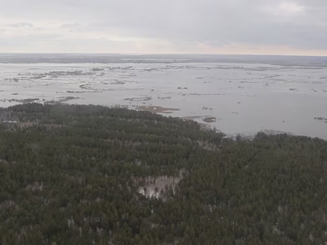 a view from a helicopter shows a flooded area in the kurgan region russia in this still image taken from video released april 9 2024 russian emergencies ministry handout via photo reuters