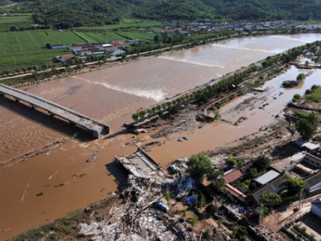a drone view shows damaged roads and fallen trees next to the overflowing qingshui river after heavy rainfall flooded the area in miyun district of beijing china july 29 2025 photo reuters