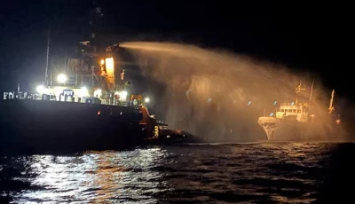 a tug vessel puts out a fire on the gaza freedom flotilla vessel conscience outside maltese territorial waters in this handout picture provided by malta goverment department of information may 2 2025 reuters