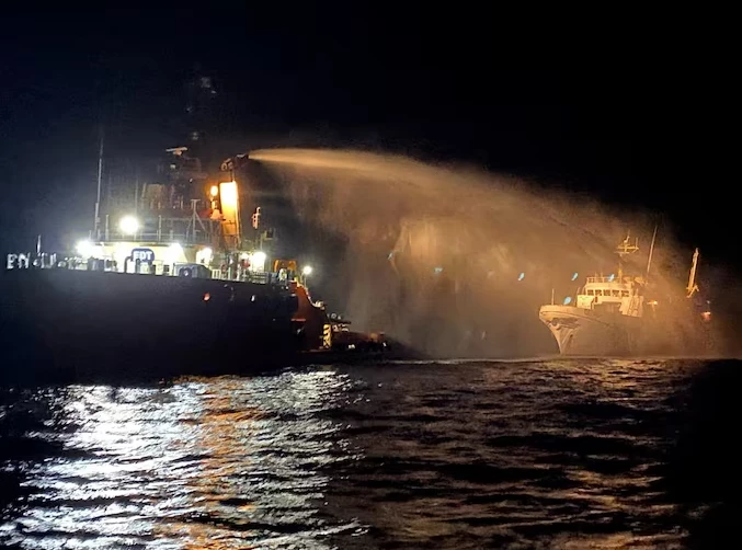a tug vessel puts out a fire on the gaza freedom flotilla vessel conscience outside maltese territorial waters in this handout picture provided by malta goverment department of information may 2 2025 reuters a tug vessel puts out a fire on the gaza freedom flotilla vessel conscience outside maltese territorial waters in this handout picture provided by malta goverment department of information may 2 2025 reuters