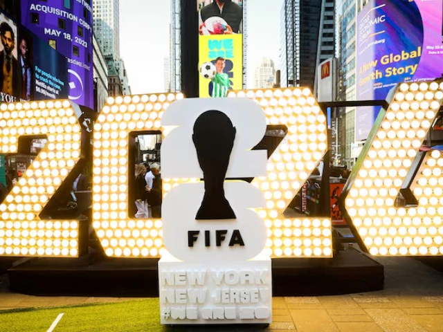 the new york new jersey s fifa world cup 2026 logo is revealed during the kickoff event in times square in new york city u s may 18 2023 photo reuters