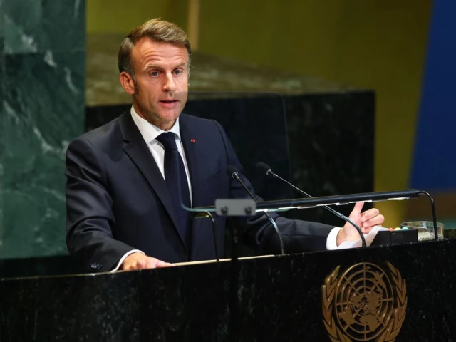 france s president emmanuel macron speaks during a united nations summit on palestinians at un headquarters during the united nations general assembly unga in new york on september 22 2025 photo afp