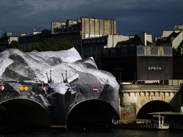 View of the damaged canvas of the temporary artwork 