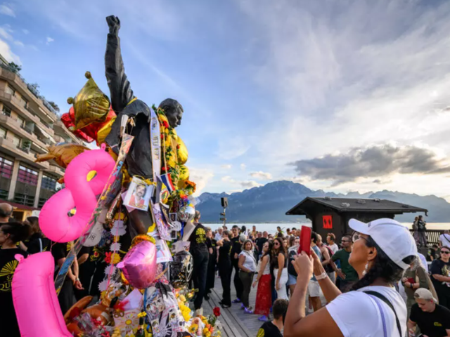 Fans gathered around the Freddie Mercury statue overlooking Lake Geneva as they celebrated his 80th birthday. PHOTO: AFP