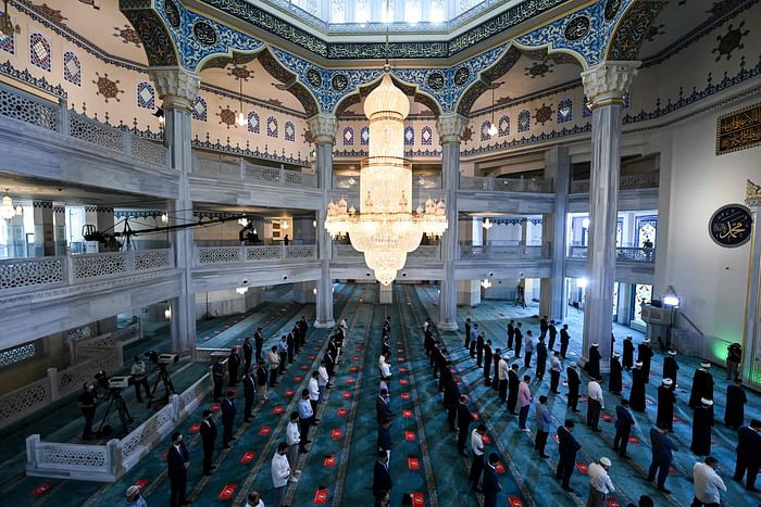 Russian Muslims gather in the Sobornaya mosque, Moscow Cathedral Mosque on July 20, 2021 during celebrations of Eidul Azha. PHOTO: AFP