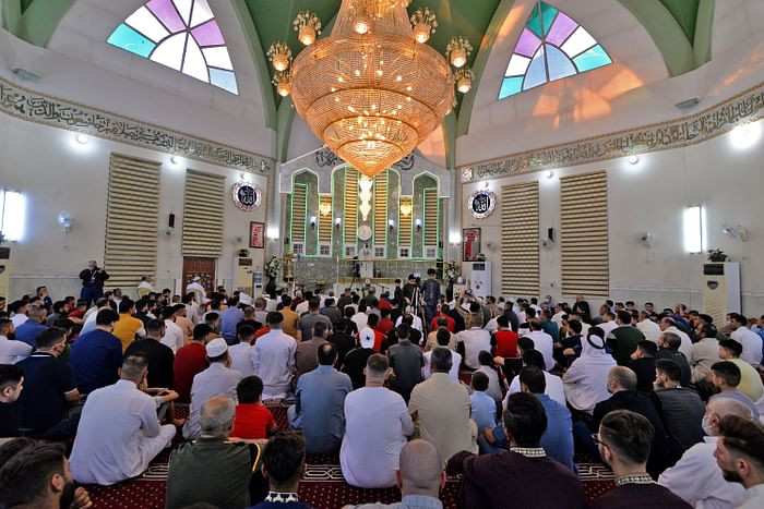 Iraqi worshippers perform the Eidul Azha feast prayers on the first day of the feast celebrated by Muslims worldwide, at the Mohammed Alamine mosque in the northern city of Mosul, on July 20, 2021. PHOTO: AFP