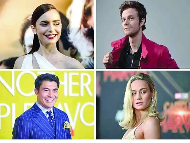 clockwise from top left lily collins jack quaid brie larson and henry golding photo file