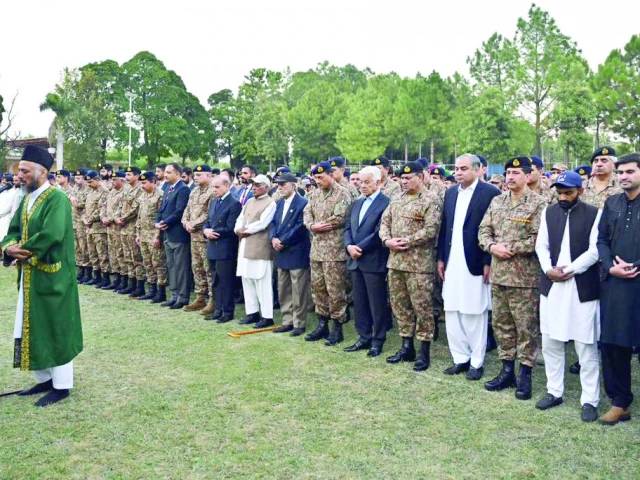 prime minister shehbaz sharif chief of army staff field marshal syed asim munir federal ministers military and civil officers and public offer funeral prayers for lt col junaid tariq and maj tayyab rahat at chaklala garrison in rawalpindi photo express