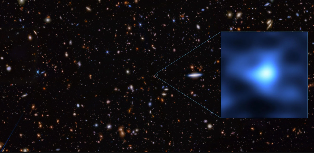 this image shows the precise location in the night sky of the galaxy jades gs z14 0 an extremely tiny dot in the fornax constellation as of today this is the most distant confirmed galaxy we know of its light took 13 4 billion years to reach us and shows the conditions of the universe when it was only 300 million years old the inset of the image shows a close up of this primordial galaxy as seen with the atacama large millimeter submillimeter array alma the inset is overlaid on an image taken with the nasa esa csa james webb space telescope credit alma eso naoj nrao s carniani et al s schouws et al jwst nasa esa csa stsci brant robertson uc santa cruz ben johnson cfa sandro tacchella cambridge phill cargile cfa