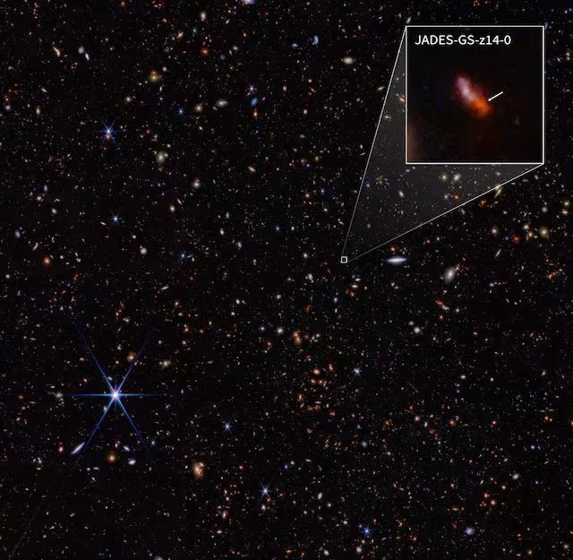 an infrared image from nasa s james webb space telescope taken by the nircam near infrared camera for the jwst advanced deep extragalactic survey or jades program one such galaxy jades gs z14 0 shown in the pullout was determined to have formed about 290 million years after the big bang making it the earliest known galaxy photo reuters an infrared image from nasa s james webb space telescope taken by the nircam near infrared camera for the jwst advanced deep extragalactic survey or jades program one such galaxy jades gs z14 0 shown in the pullout was determined to have formed about 290 million years after the big bang making it the earliest known galaxy photo reuters