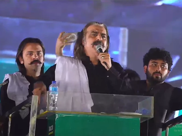 khyber pakhtunkhwa chief minister ali amin gandapur addresses a pti rally in peshawar on saturday screengrab
