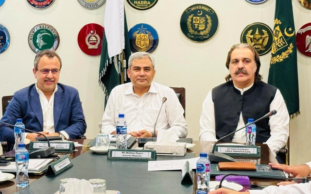 federal minister for interior mohsin naqvi and federal minister for energy sardar awais ahmad khan leghari in a meeting with khyber pakhtunkhwa chief minister ali amin gandapur in islamabad on may 27 2024 photo pid