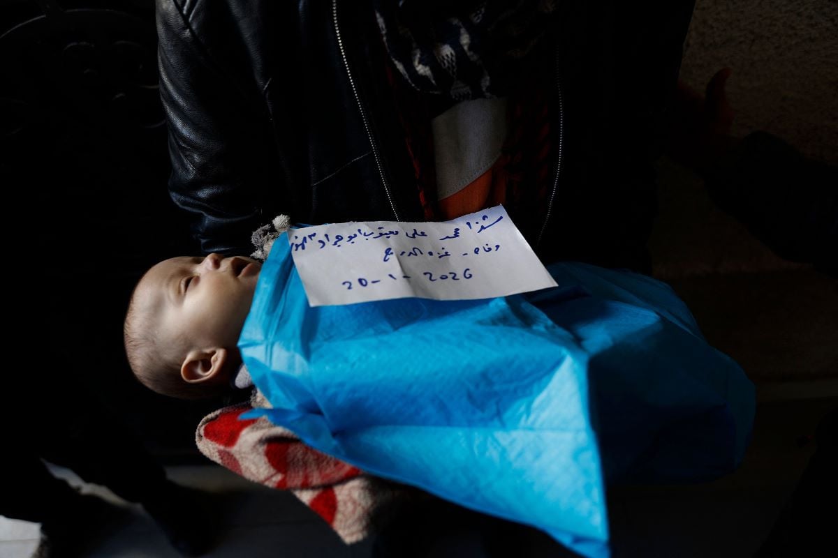 The body of three-month old Palestinian baby Shatha Abu Jarad, who died of cold weather according to medics, is carried by her uncle at Al-Shifa Hospital in Gaza City on January 20, 2026. PHOTO: AFP