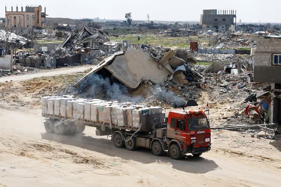 a truck carrying aid drives amid a ceasefire between israel and hamas in rafah in the southern gaza strip february 16 2025 photo reuters