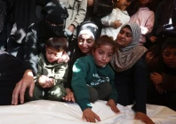 mourners react during the funeral of palestinians killed in an israeli strike on friday in khan younis southern gaza strip palestine april 25 2026 photo reuters