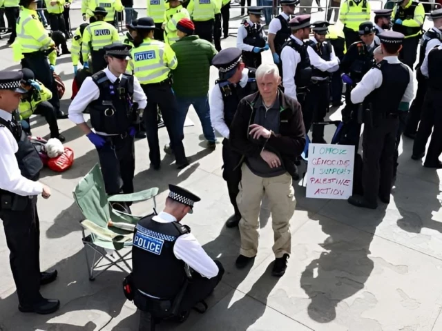 police officers detain a protester at everyone day a mass vigil and sign holding event in trafalgar square organised by defend our juries to demand the lifting of the ban on palestine action in london britain april 11 2026 photo reuters police officers detain a protester at everyone day a mass vigil and sign holding event in trafalgar square organised by defend our juries to demand the lifting of the ban on palestine action in london britain april 11 2026 photo reuters