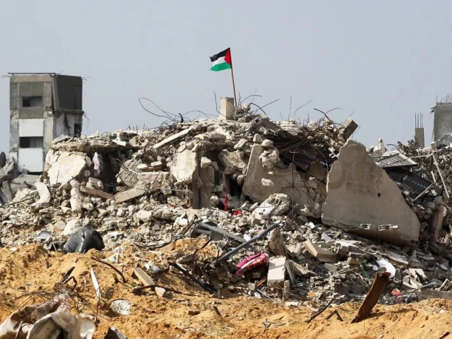 a palestinian flag flutters amid the rubble of buildings destroyed during the israeli offensive in rafah in southern gaza photo reuters
