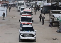 a un vehicle leads ambulances carrying war wounded people and patients who leave gaza for treatment abroad through the rafah border crossing between gaza and egypt after it was opened by israel on thursday for a limited number of people in khan younis in the southern gaza strip march 19 2026 photo reuters