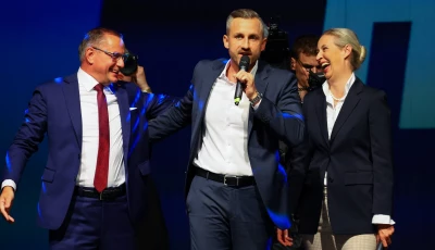 top candidate of the far right alternative for germany afd ulrich siegmund speaks accompanied by party co leaders alice weidel and tino chrupalla at the afd election party after polls closed in the saxony anhalt state elections and exit polls were announced in magdeburg germany september 6 2026 reuters