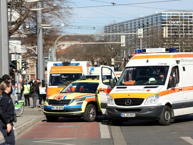 ambulance vehicles are parked near the scene after a car drove into a crowd in mannheim germany march 3 2025 photo reuters ambulance vehicles are parked near the scene after a car drove into a crowd in mannheim germany march 3 2025 photo reuters