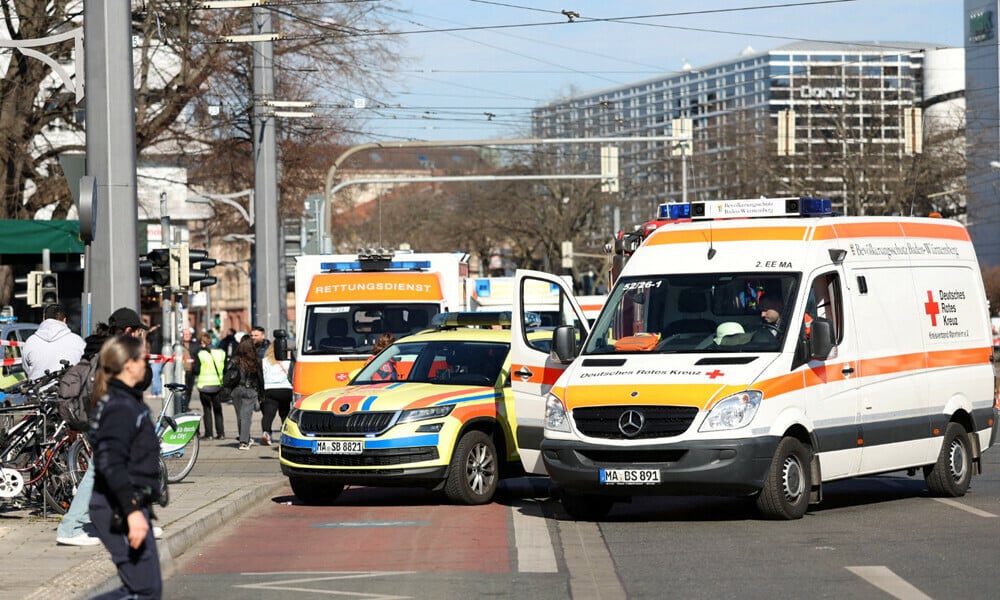 ambulance vehicles are parked near the scene after a car drove into a crowd in mannheim germany march 3 2025 photo reuters