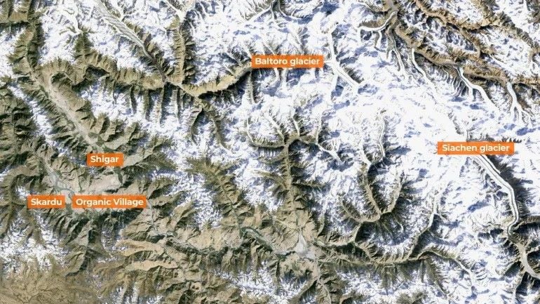 The position of the Baltoro and Sachien glaciers in Pakistan. PHOTO: AJ Labs