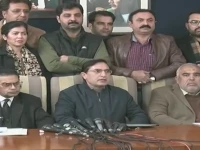 pti chairman barrister gohar ali khan addresses a press conference in islamabad on saturday flanked by salman akram raja and asad qaiser screenshot