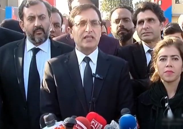 pti chairman barrister gohar ali khan addressing the media after a meeting with pti founder imran khan in adiala jail on tuesday february 20 2024 screengrab pti chairman barrister gohar ali khan addressing the media after a meeting with pti founder imran khan in adiala jail on tuesday february 20 2024 screengrab