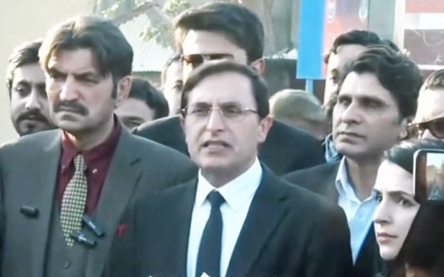 acting pti chairman barrister gohar ali khan addressing the media outside adiala jail in rawalpindi on thursday february 15 2024 screengrab