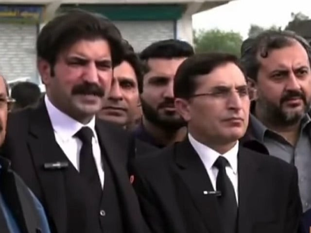 pti chairman barrister gohar ali khan alongside sher afzal marwat addressing the media outside adiala jail in rawalpindi on thursday march 28 2024 screengrab pti chairman barrister gohar ali khan alongside sher afzal marwat addressing the media outside adiala jail in rawalpindi on thursday march 28 2024 screengrab