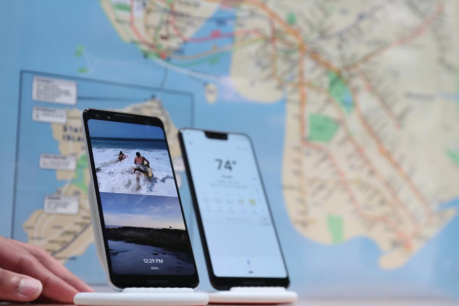 The Google Pixel 3 third generation smartphones are seen on display after a news conference in Manhattan, New York, U.S., October 9, 2018. REUTERS/Shannon Stapleton