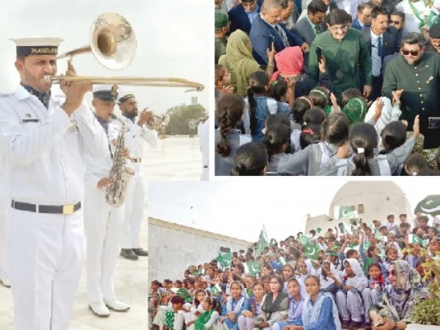 chief minister murad ali shah and governor kamran tessori hoist the national flag at the mausoleum of quaid i azam muhammad ali jinnah during the main independence day ceremony they offered fatiha interacted with schoolchildren and reaffirmed their commitment to jinnah s vision of a progressive and united pakistan photos jalal qureshi express