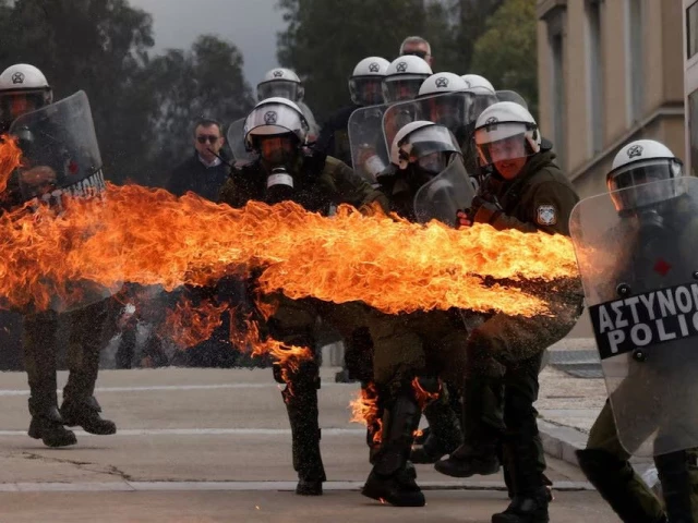 a molotov cocktail ignites striking a riot police officer at a protest near the greek parliament marking the second anniversary of the country s worst railway disaster as an investigation continues in athens greece february 28 photo reuters