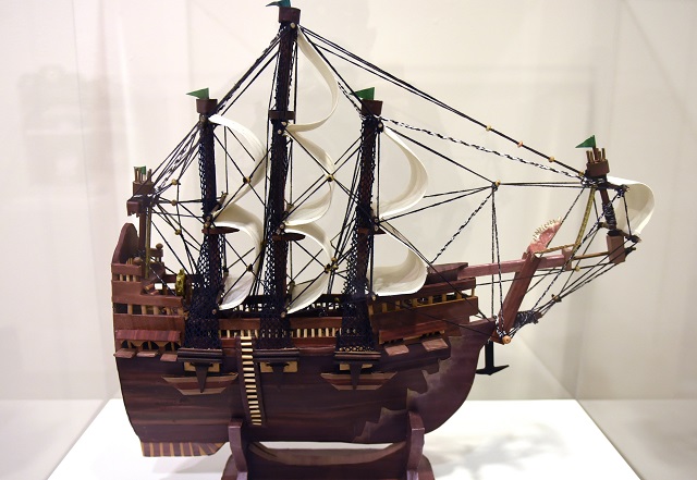 Yemeni artist and detainee Moath al-Alwi's, three-masted cardboard ship is viewed on November 22, 2017 PHOTO: AFP